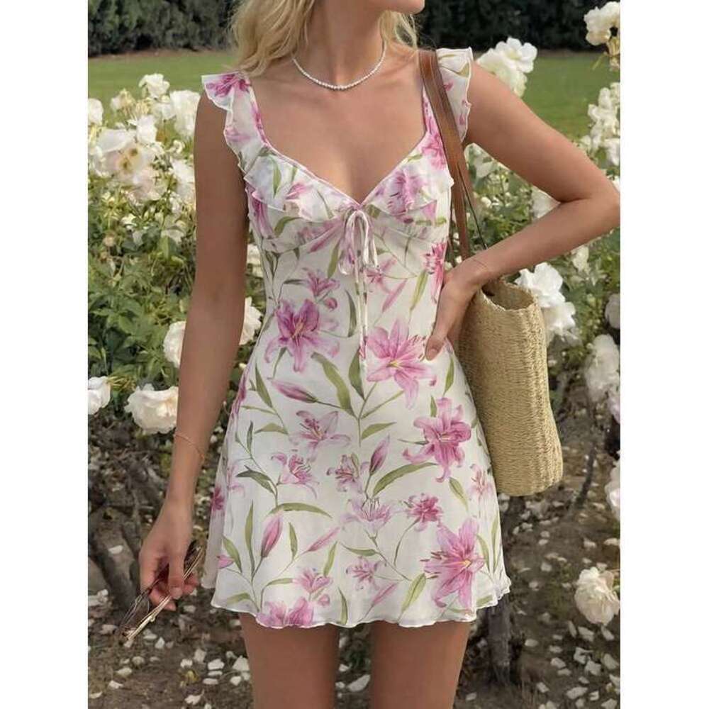 MainGRL Pink Floral Patchwork Ruffle Hem Mini Dress,Cottage Core - Picture 3 of 5
